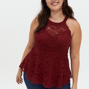 New TORRID RED LACE HIGH NECK PEPLUM TOP PLUS 3X